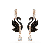 Swan drop earrings, Swan, Black, Rose gold-tone plated